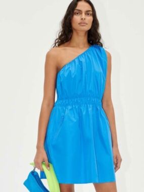 NWT Stine Goya Loulou Dress in Marina Blue | Size S | One-Shoulder Taffeta Mini